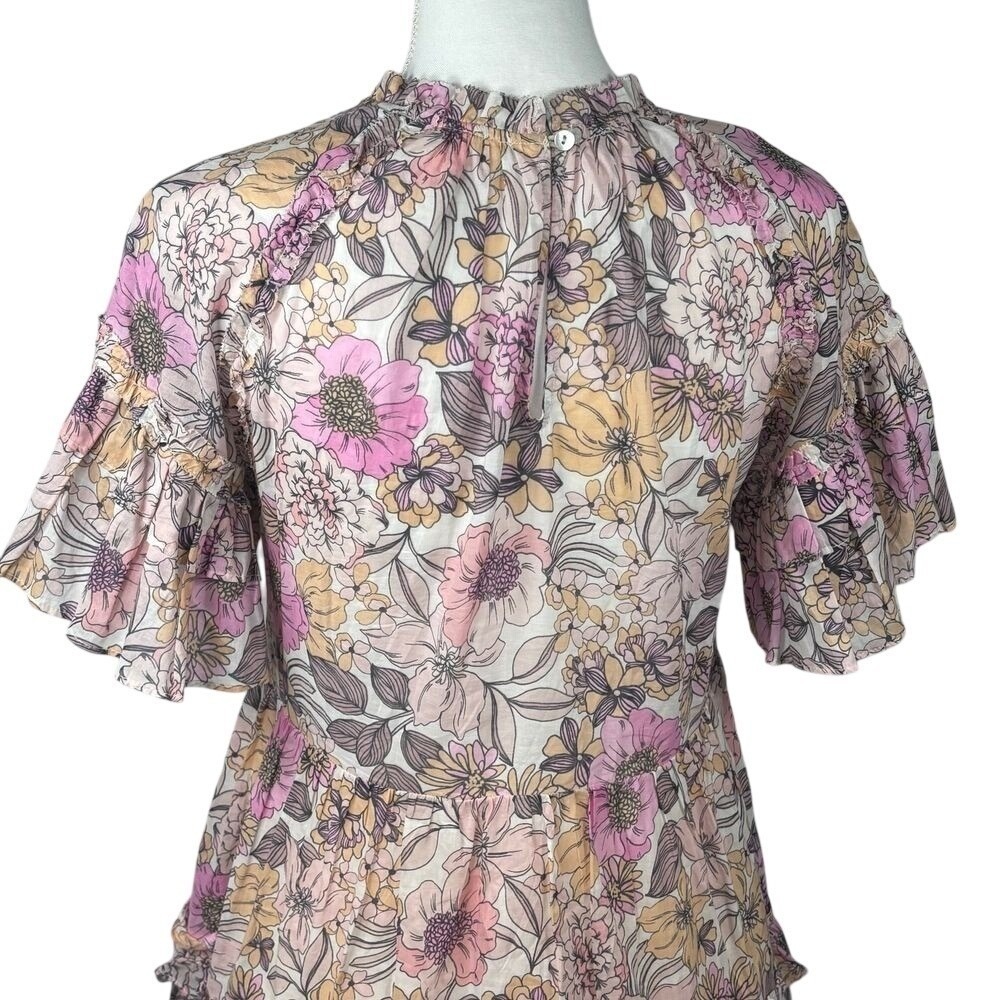 Anthropologie Cottagecore Dress Floral Tiered Ruffle Boho Poppies Lillies Mini S - Picture 7 of 10